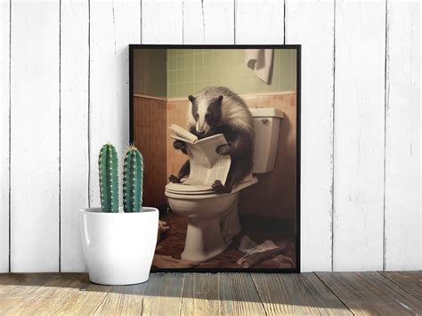 Skunk Sitting On Toilet And Reading A Newspaper Funny Animal Wall Art