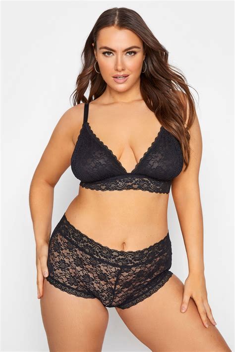 Plus Size Black Lace Triangle Bralette Lingerie Set Yours Clothing