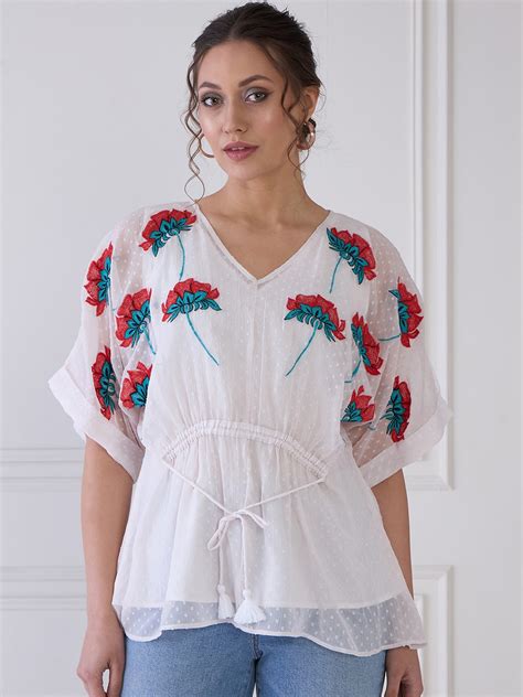 Buy Antheaa Floral Embroidered Extended Sleeves Chiffon Kaftan Top