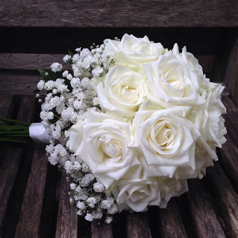 Classic All White Rose Posy Framed With Gypsophila Beautifully Simple