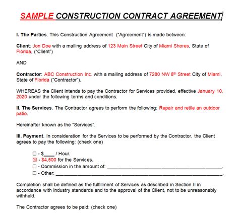 Free Construction Contract Agreement Samples Word Pdf Day To