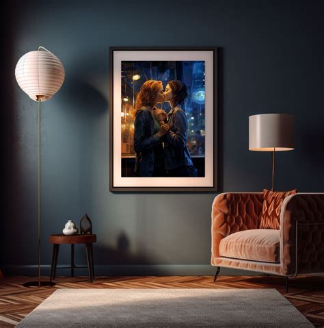 First Kiss In A Bar Romantic Art Print Of Lesbian Love And Passion Two Women First Kiss LGBT