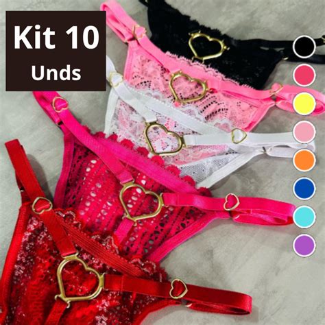 Kit 10 Calcinhas Tanga Fio Dental Sexy Lingerie Coração Regulagem Feminino Shopee Brasil