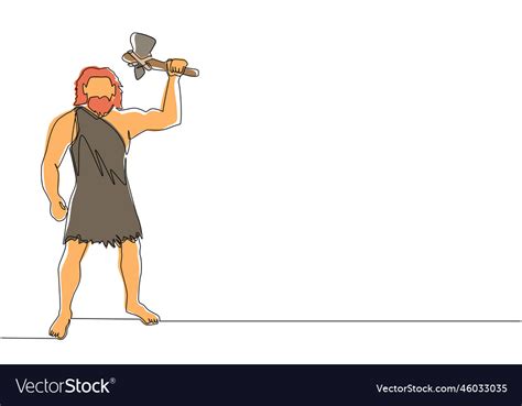 Single One Line Drawing Caveman Holding Royalty Free Vector