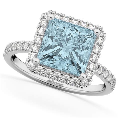 Princess Cut Halo Aquamarine Diamond Engagement Ring 14K White Gold 3