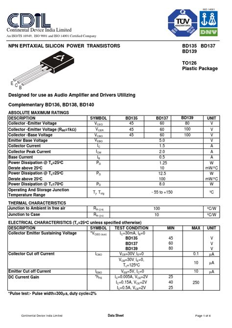 BD139 datasheet, transistors equivalent, CDIL