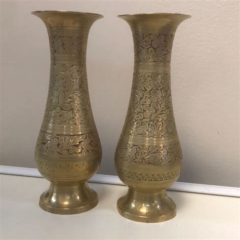 Accents Pr Of Vintage Floral Etched Brass Vases Made In India Poshmark