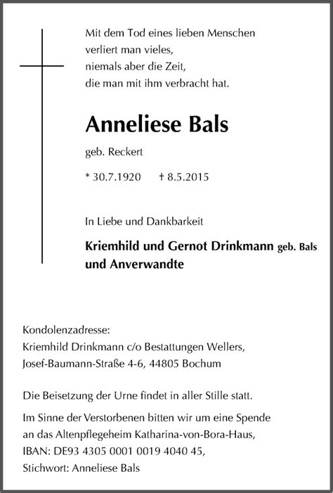 Traueranzeigen Von Anneliese Bals Trauer In Nrw De