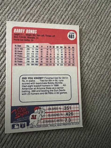 BARRY BONDS 1990 Fleer Baseball 461 MINT PRISTINE EBay