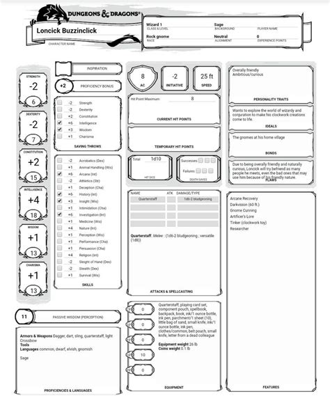 First D D Character Sheet For My Gnome Wizard Dungeons Dragons D D