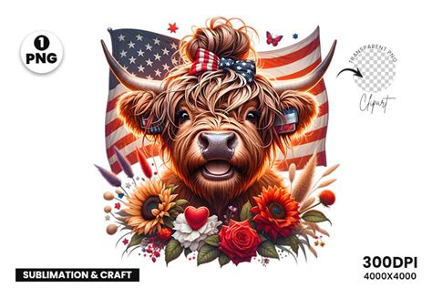 4th July Patriotic Highland Cow PNG Sublimation Clipart PNG