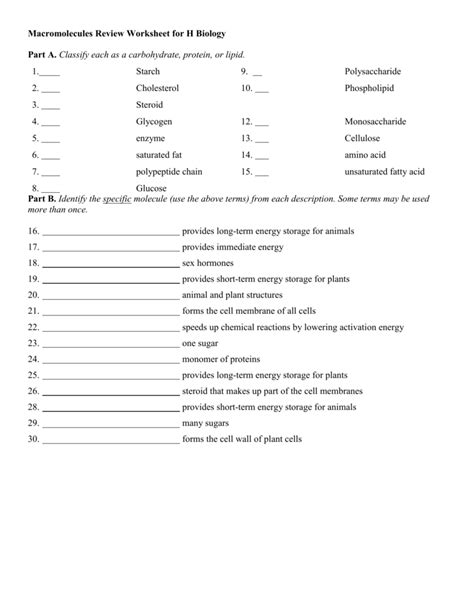 Macromolecules Worksheet #2 