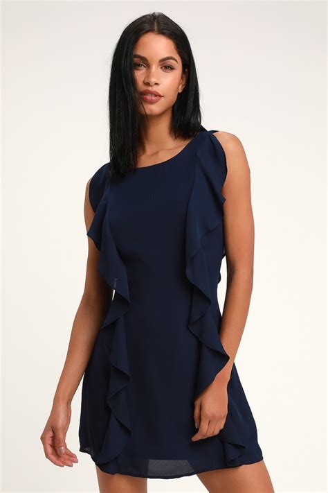 Cute Navy Blue Shift Dress Blue Ruffled Dress Short Dress Lulus