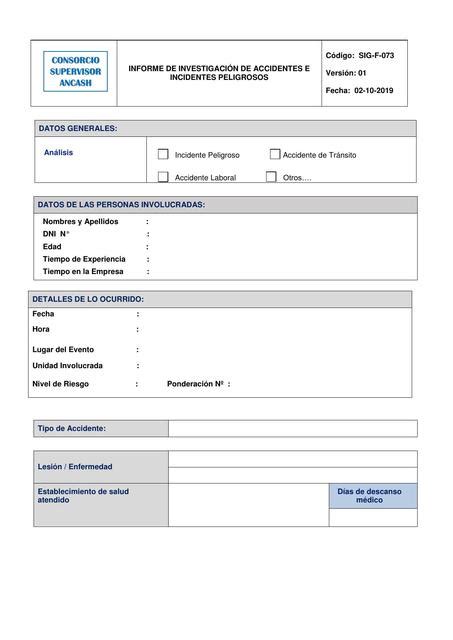 Informe De Investigaci N De Accidentes E Incidentes Peligrosos