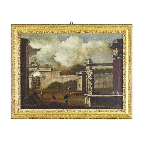 Dipinto Olio Su Tela Raffigurante Capriccio Architettonico