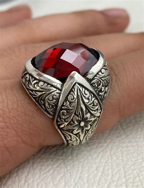 Garnet Mens Ring Handmade Silver Ring Garnet Stone Ring Etsy Uk