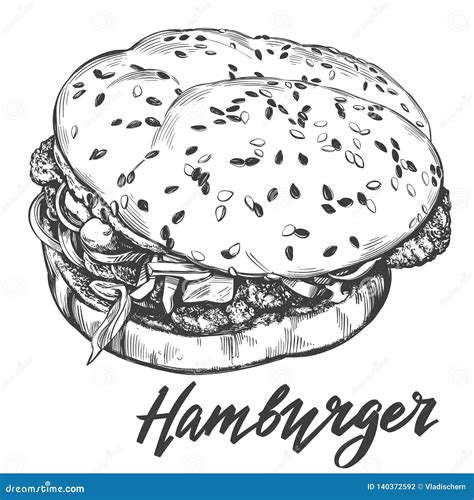 Big Burger Hamburger Hand Drawn Vector Illustration Sketch Retro Style