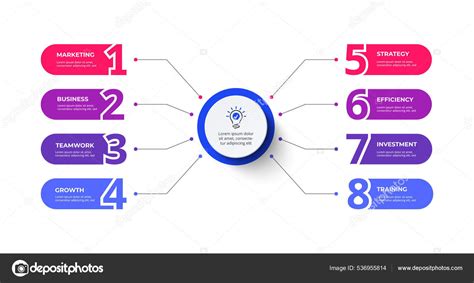 원의 중심에 8 개의 둥근 요소와 숫자가 연결 된 플로우 차트 8 개 행정 구역을 관할하고 있다 현대의 인포 그래픽 설계