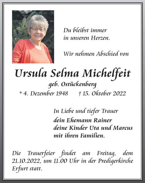 Traueranzeigen Von Ursula Selma Michelfeit Trauer In Thueringen De