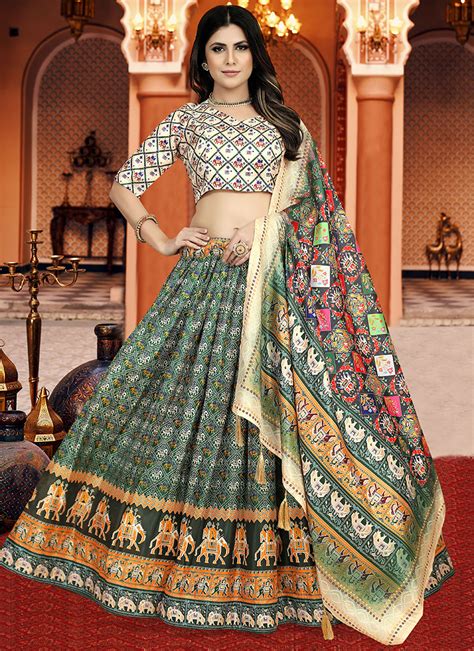 Buy Party Wear Green Digital Printed Dola Silk Ready To Wear Lehenga