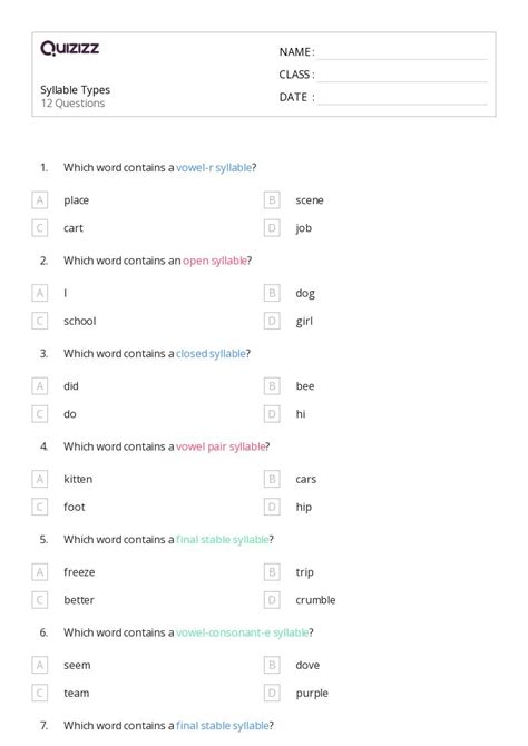 Multiple Syllable Words Worksheets For Th Grade On Quizizz Free