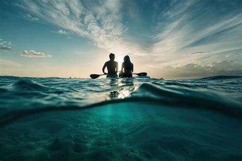 Premium Photo Couples Paddle Sup Getaway Generative Ai