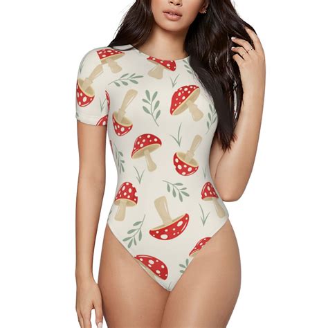 Easygdp Cartoon Flat Mushrooms Womens One Piece Swimsuit Slim Fit Crew