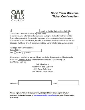 Fillable Online Short Term Missions Ticket Confirmation Oak Hills