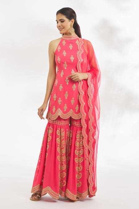 Buy Pink Georgette Embroidered Gota Patti High Floral Kurta Gharara Set