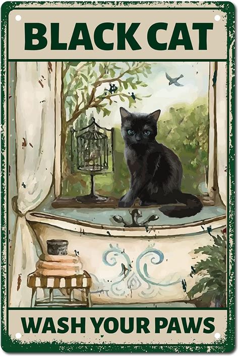 Creatcabin Funny Black Cat Wash Your Paws Metal Tin Sign Bathroom Quote