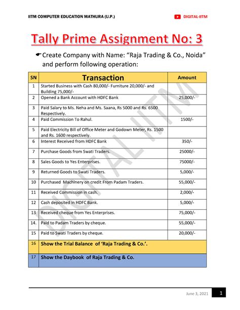 Tally Prime Assignment 3 With Trail Balance Iitm Computer Education Mathura U Digital Iitm