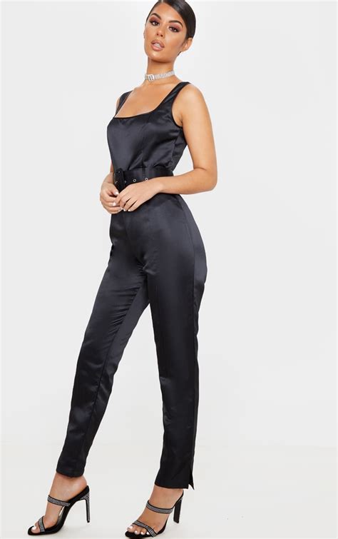 Black Bonded Satin Belt Detail Jumpsuit Prettylittlething