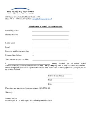 Fillable Online Authorization To Release Payoff Doc Fax Email Print