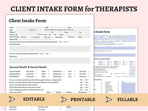 Client Intake Form Template Therapy Documentation Fillable Editable Printable Therapy