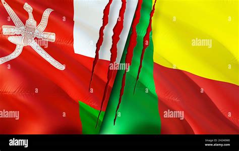 Oman And Benin Flags With Scar Concept Waving Flag D Rendering Benin