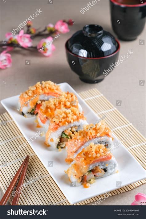 japanese food salmon mentai sushi roll stock photo