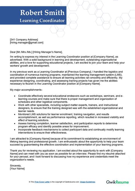 Learning Coordinator Cover Letter Examples Qwikresume