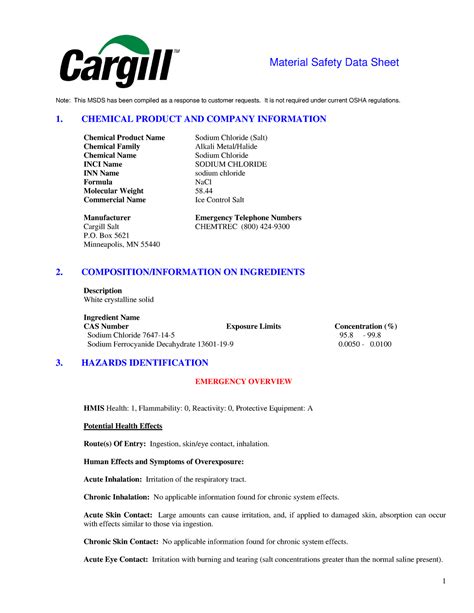 Deicing Bulk Ice Control Salt MSDS Material Safety Data Sheet Note