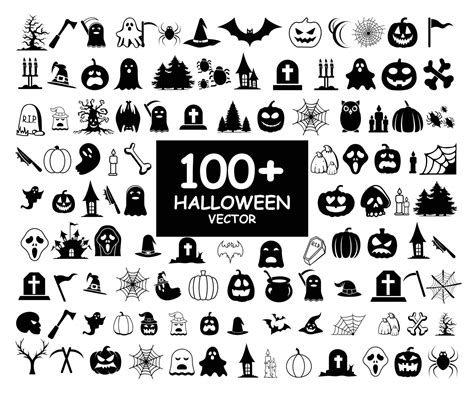 Big Set Of Halloween Silhouettes One Hundred Black Vector And Icon Design Creepy And Spooky