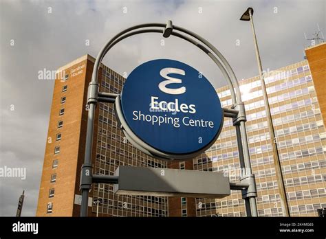 Eccles Shopping Centre Sign With Large Offices In Background Stock