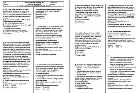 2022 2023 8 Sınıf T C İnkılap Tarihi 1 Dönem 1 ZEP Yazılı Sosyal
