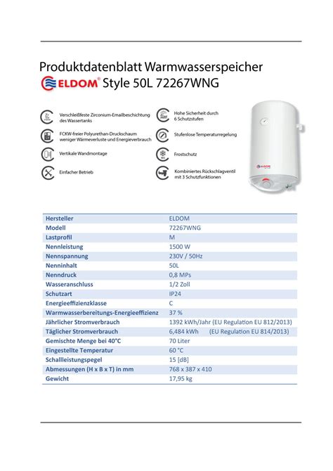 Boiler Warmwasserspeicher Elektroboiler Eldom Style 50L Druckfest Inkl