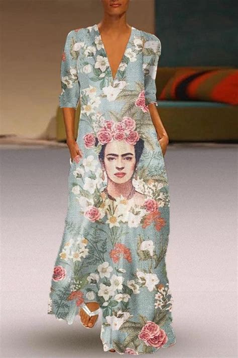 Frida Kahlo Floral Print Oil Painting Holiday V Neck Maxi Dress In 2021