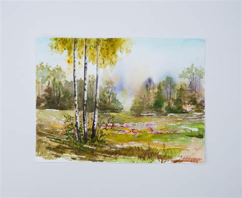 Sommer Birke B Ume Original Aquarell Malerei Gr Nwald Etsy