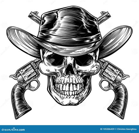 Cowboy Skull In A Western Hat And A Pair Of Crossed Guns Cartoon Vector