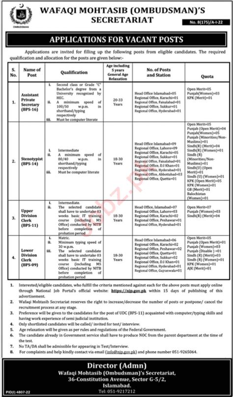 Wafaqi Mohtasib Secretariat Jobs 2023 In Islamabad 2024 Job