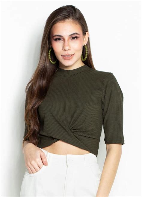 Cropped De Malha Canelada Verde Colcci