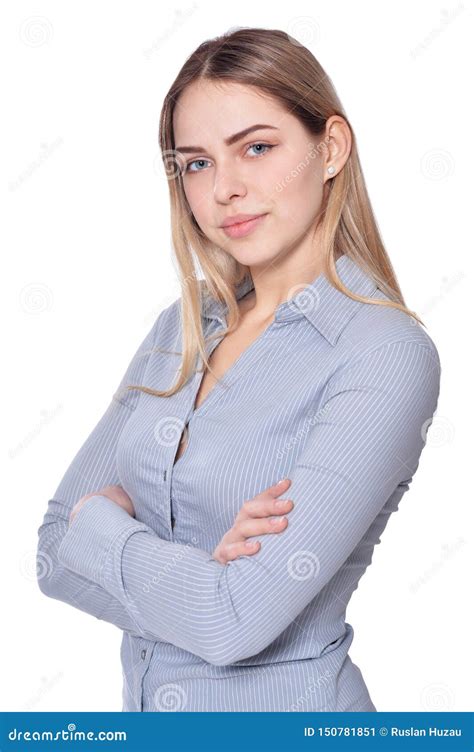 Portrait Of Beautiful Woman Wearing Casual Clothing On White Background