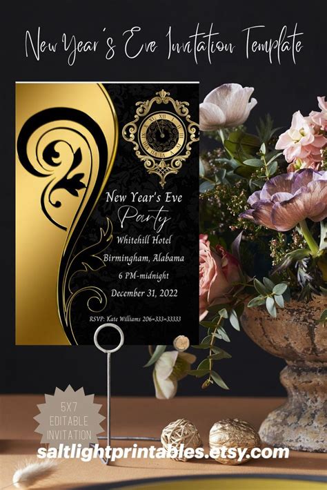 new year's eve party card with flowers in a vase on top of a table