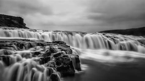 wallpaper river, waterfall, water, long exposure, black and white HD ...